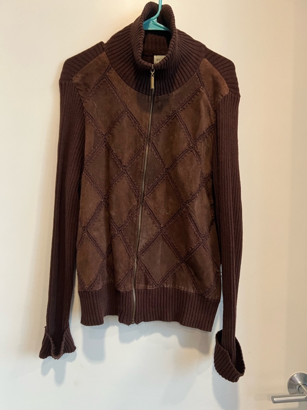 White Stag Brown Zip-Up Knit & Suede Panel Cardigan